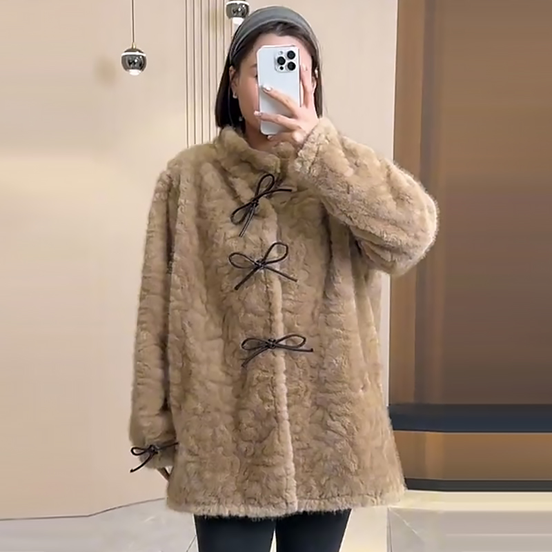 时尚蝴蝶结毛毛外套复古休闲上衣