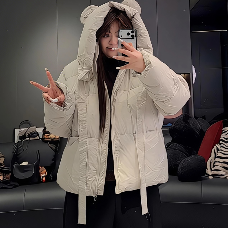 可爱风小熊耳朵连帽棉服女棉衣潮
