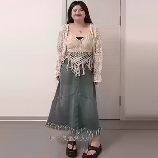 女装 流苏背心长袖 显瘦夏季 外披宽松牛仔半身裙微胖mm2024新款 大码
