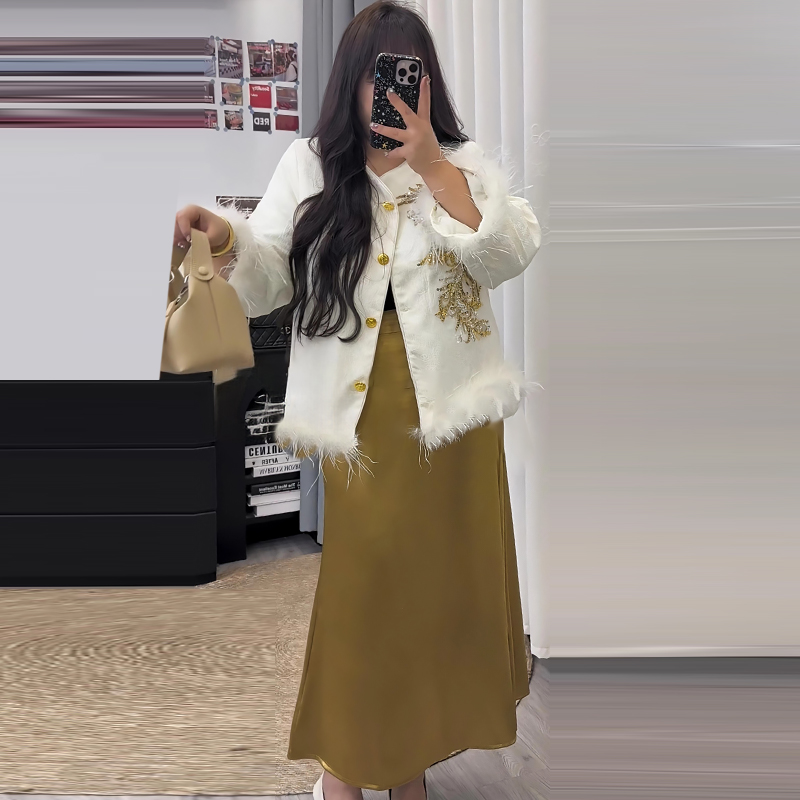 提花刺绣毛边加棉外套女半身裙潮