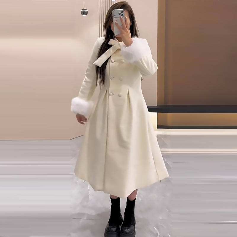 蝴蝶结加棉毛呢大衣女长款外套潮