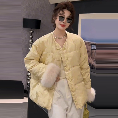 毛毛袖保暖棉服新中式复古外套潮