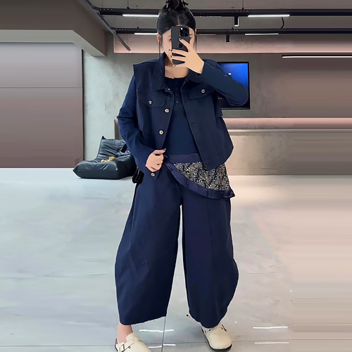 牛仔马甲裤子腰果花拼接打底衫潮