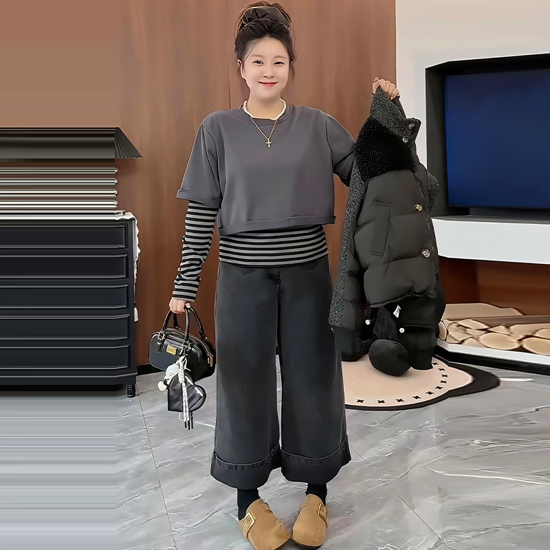 圆领拼接条纹假两件上衣女牛仔裤胖mm2026春冬新显瘦宽松大码女装,女装/女士精品,大码套装,淘宝优惠券,粉丝福利购,淘宝优惠卷