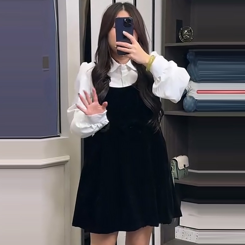 长袖衬衫复古吊带连衣裙两件套潮