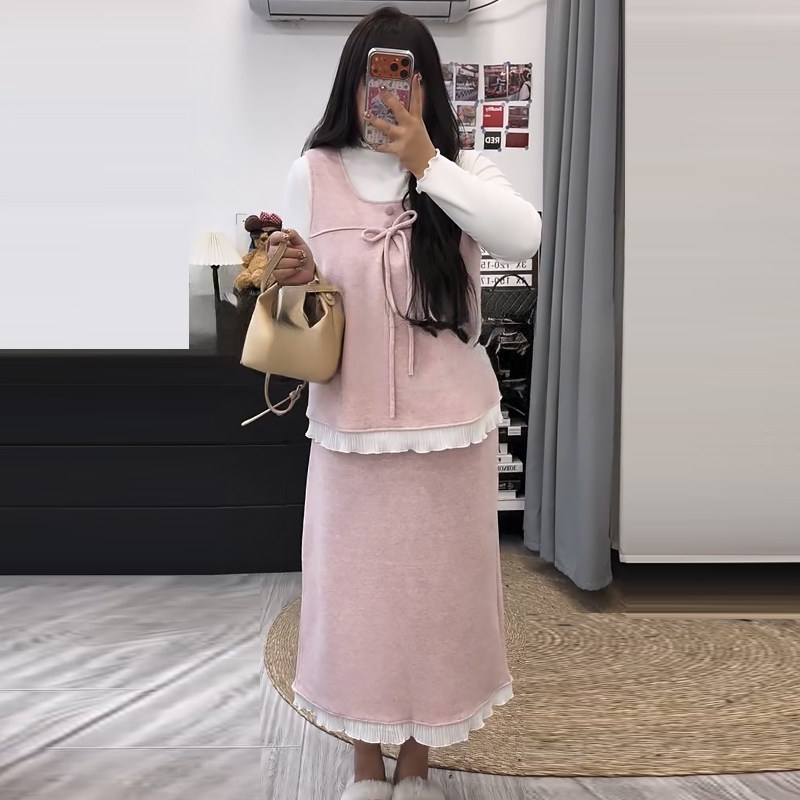 复古加绒马甲半身裙打底衫套装潮