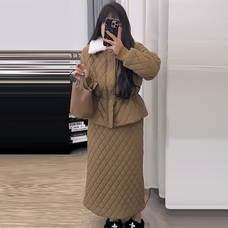 复古毛领菱格收腰棉外套半身裙胖mm2025冬季新款显瘦宽松大码女装,女装/女士精品,大码套装,淘宝优惠券,粉丝福利购,淘宝优惠卷