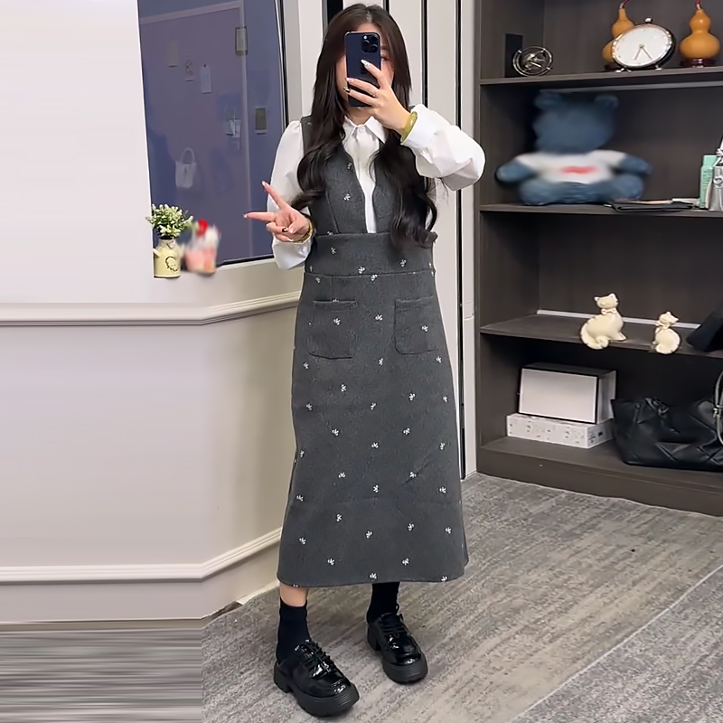 刺绣蝴蝶结马甲裙女衬衫连衣裙子