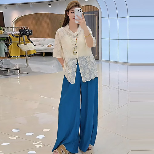 短袖蕾丝衫高腰慵懒风女裤套装潮