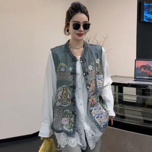 女装 胖mm2026春冬新显瘦宽松大码 套装 刺绣牛仔马甲女镂空花边衬衫