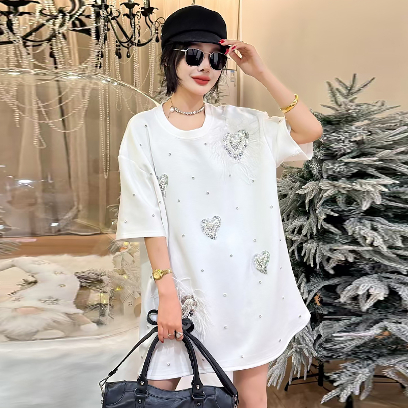 羽毛珠钻心形大衫短袖T恤衫大码