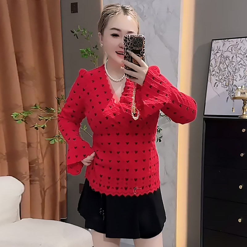 新年红V领喇叭袖蕾丝衫上衣女胖mm2026春冬新款宽松大码显瘦女装,女装/女士精品,大码内搭,淘宝优惠券,粉丝福利购,淘宝优惠卷