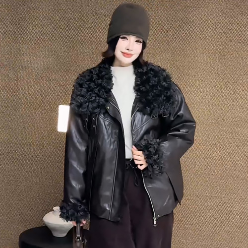 加棉PU皮衣毛领外套女复古上衣潮