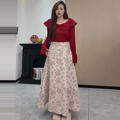 法式打底衫上衣提花高腰半身裙子