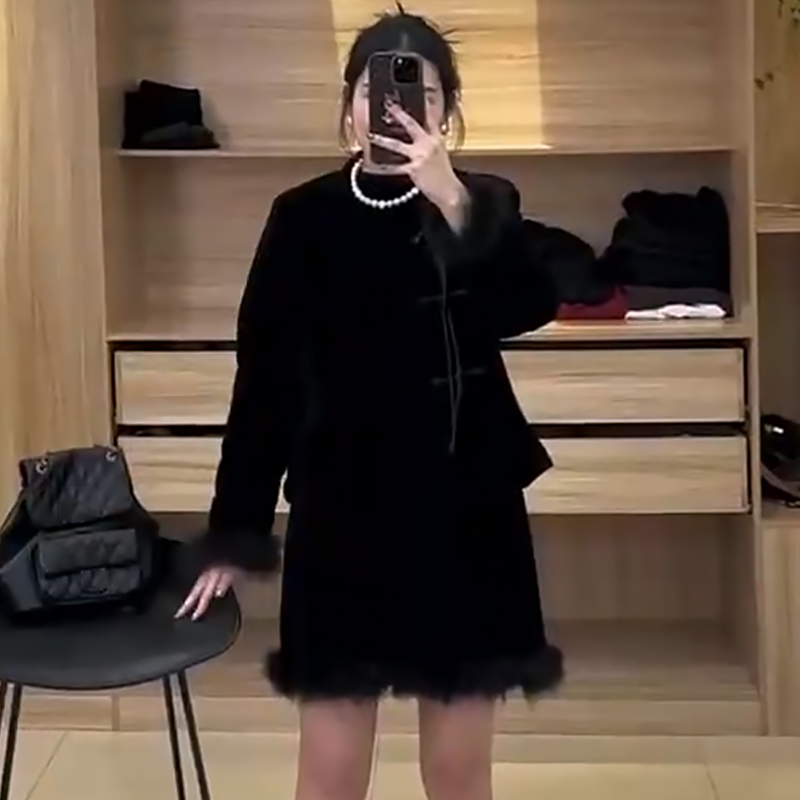 新中式拼毛加棉上衣半身裙平绒套装胖mm2025冬季显瘦宽松大码女装