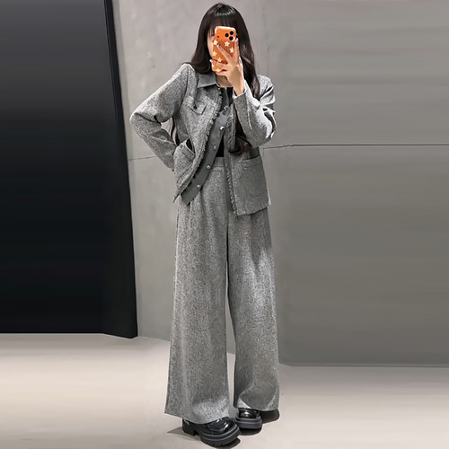 韩系撞色翻领小香风外套裤子套装