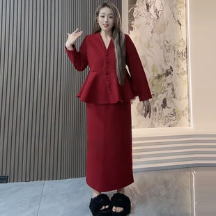 女装 温柔风V领毛呢上衣半身裙套装 显瘦宽松大码 新款 胖mm2025秋季