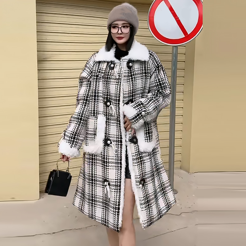 中长款大口袋网格保暖外套女大衣
