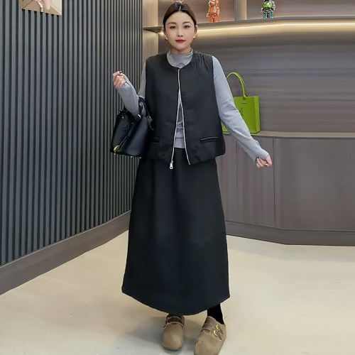夹棉马甲半身裙加绒打底衫套装潮