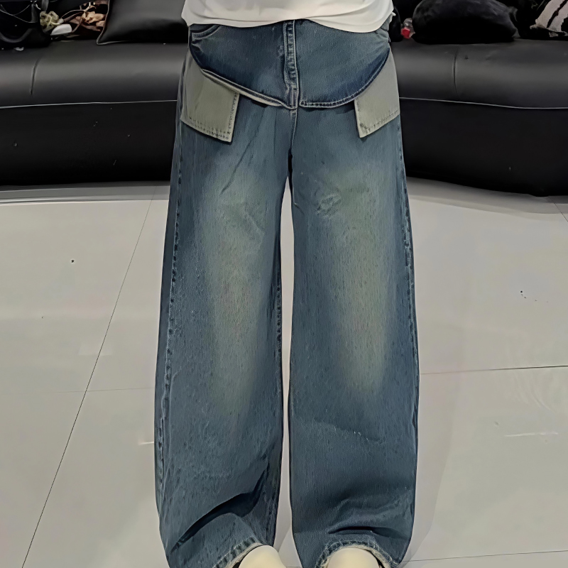 假两件牛仔阔腿裤百搭休闲女裤子