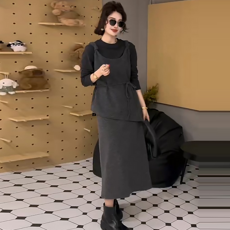 后开叉半身裙系带收腰上衣套装潮