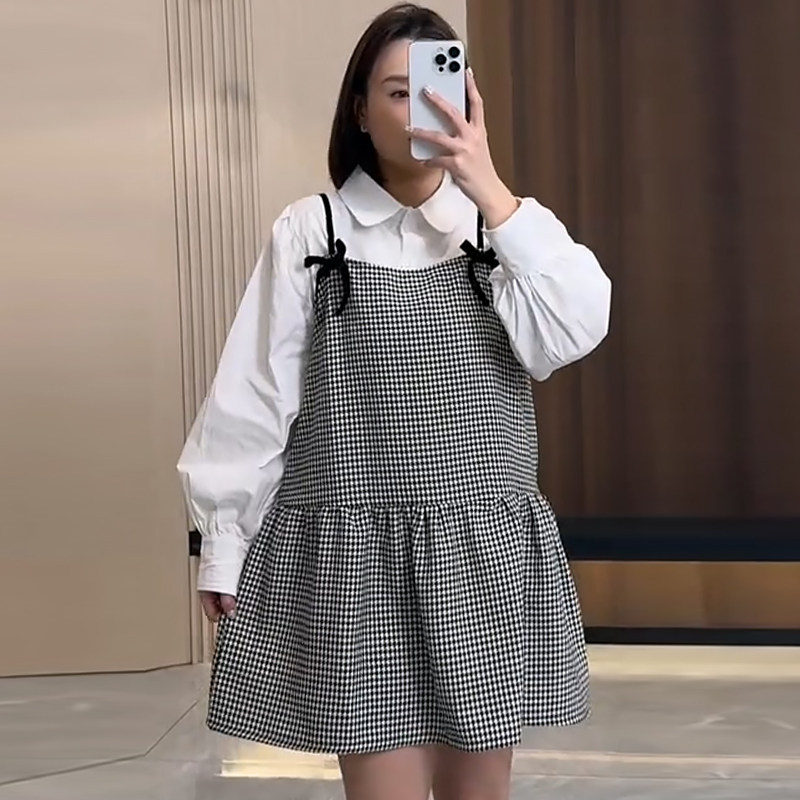 干鸟格连衣裙甜美减龄衬衫套装胖mm2026春冬新款显瘦宽松大码女装,女装/女士精品,大码套装,淘宝优惠券,粉丝福利购,淘宝优惠卷