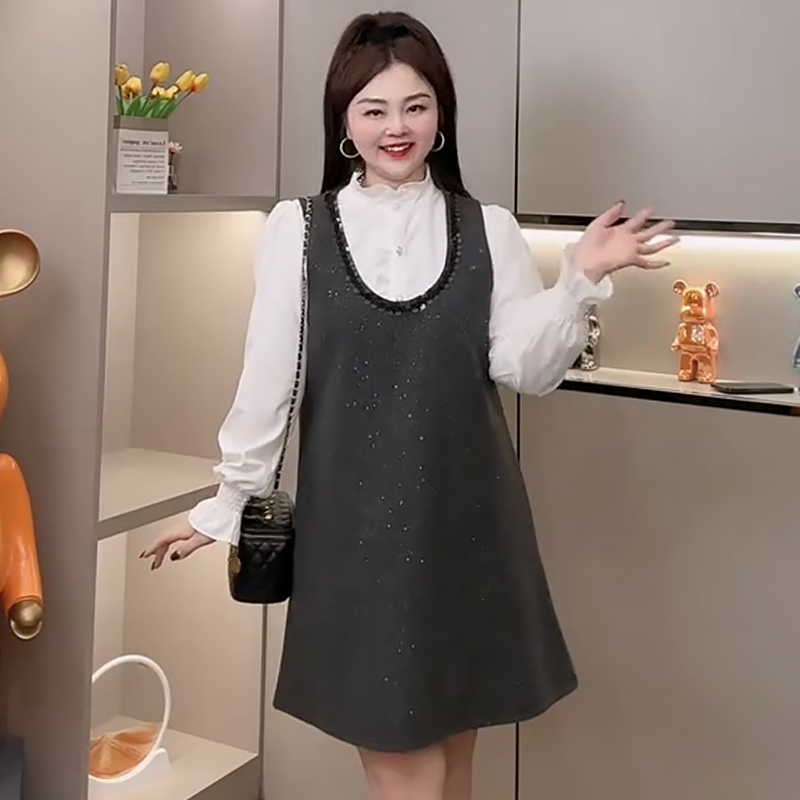 小香风亮片背心裙木耳边衬衫套装