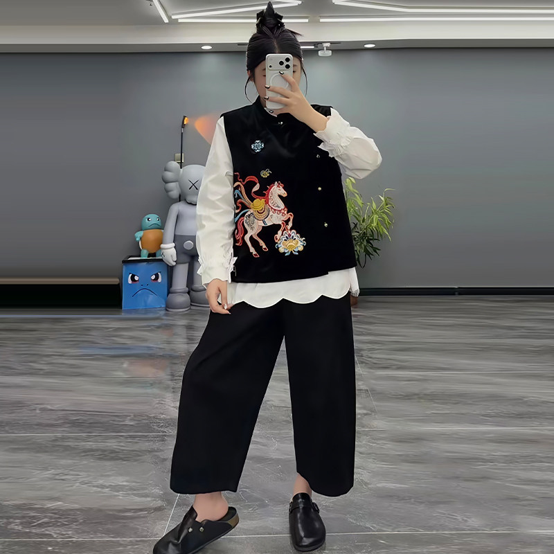 刺绣元宝小马丝绒马甲花边衬衫胖mm2026春冬新款显瘦宽松大码女装,女装/女士精品,大码套装,淘宝优惠券,粉丝福利购,淘宝优惠卷