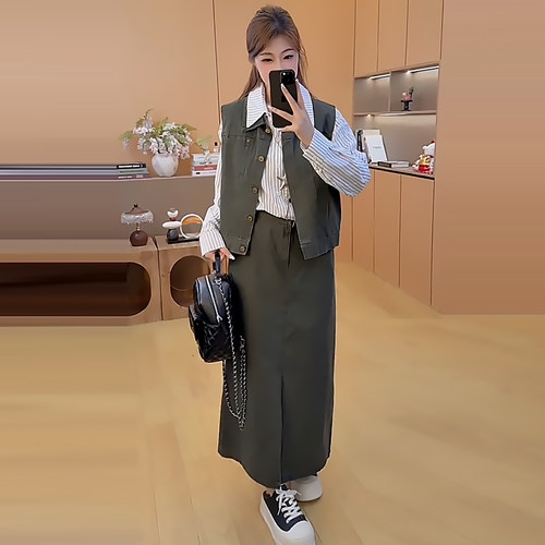 美式牛仔马甲条纹衬衫半身裙套装