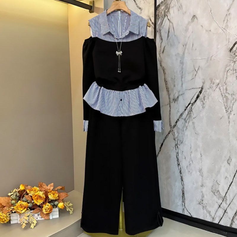 条纹设计露肩撞色上衣裤子套装胖mm2026春冬新款显瘦宽松大码女装,女装/女士精品,大码套装,淘宝优惠券,粉丝福利购,淘宝优惠卷