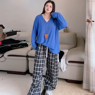 慵懒风V领大衫韩版休闲格格裤胖mm2025秋季新款显瘦宽松大码女装