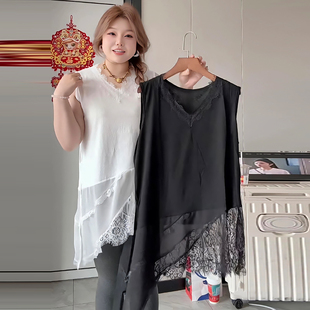 V领坎袖 显瘦女装 上衣胖mm2026春季 宽松大码 款 叠穿蕾丝拼接打底衫