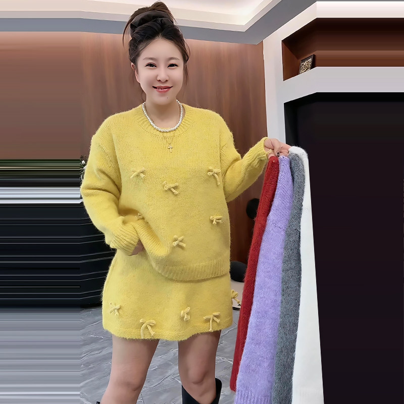 圆领蝴蝶结针织毛衣半身裙套装胖mm2025冬季新款显瘦宽松大码女装,女装/女士精品,大码套装,淘宝优惠券,粉丝福利购,淘宝优惠卷