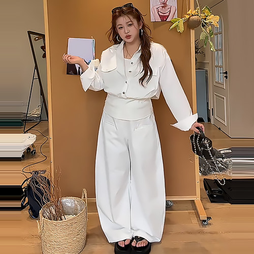 韩系收腰翻领假两件上衣弯刀裤女