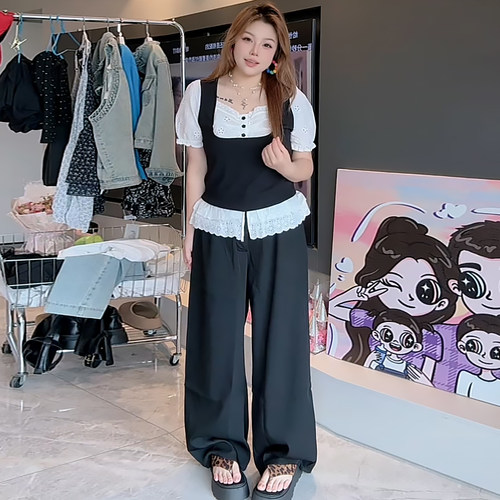 镂空假两件上衣花边阔腿裤女大码