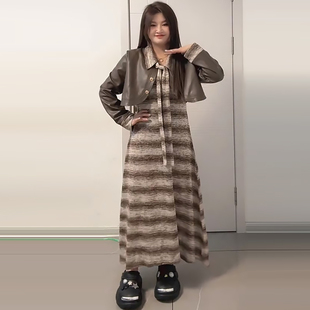 PU皮衣短外套针织条纹吊带连衣裙胖mm2024早秋款显瘦宽松大码女装