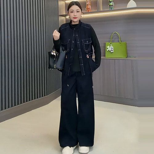 美式复古明线马甲打底衫裤子套装