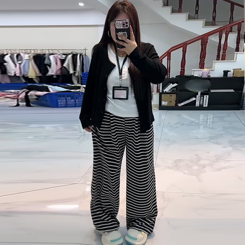 垂感条纹裤吊带女开衫休闲外搭潮