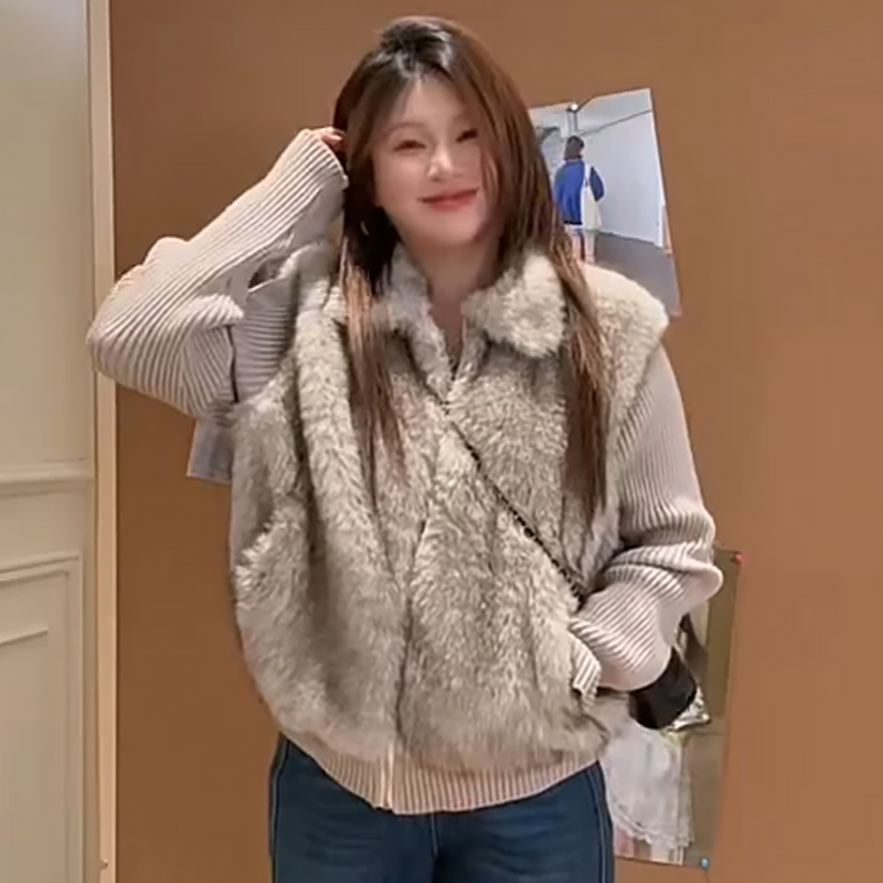 韩系拼接假两件休闲环保毛外套潮