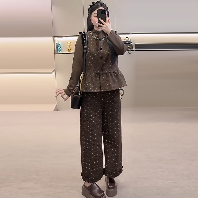 荷叶边亮钻马甲打底衫阔腿裤套装胖mm2026春冬新显瘦宽松大码女装,女装/女士精品,大码套装,淘宝优惠券,粉丝福利购,淘宝优惠卷