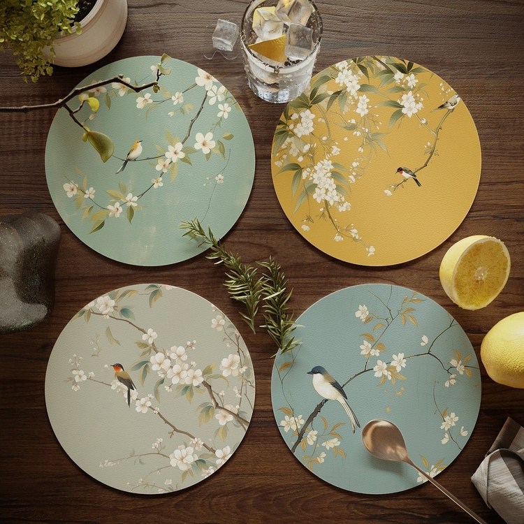 花鸟中式餐桌隔热垫圆形小餐垫免洗防水防油碗垫盘垫水杯垫子,居家布艺,餐垫,淘宝优惠券,粉丝福利购,淘宝优惠卷