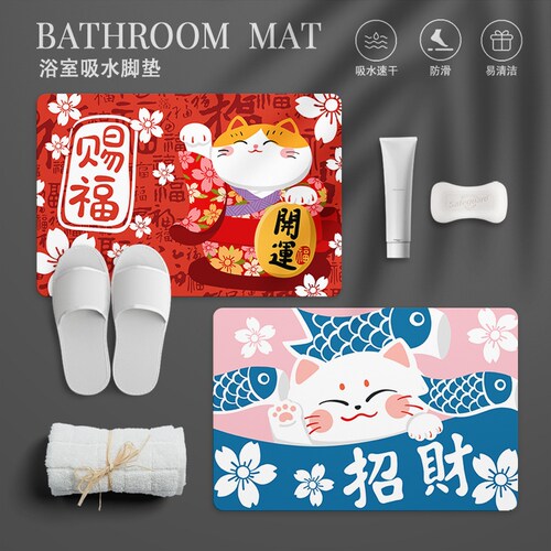 原创招财猫硅藻泥地垫浴室卫生间防滑脚垫吸水速干硅胶泥硅藻土门