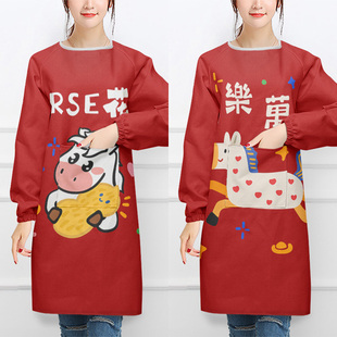 马年卡通家居围裙长袖 反穿厨房罩衣做饭成人大人工作服男女