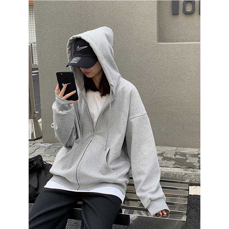美式百搭开衫连帽衫卫衣男女春秋宽松慵懒休闲加绒拉链外套潮ins