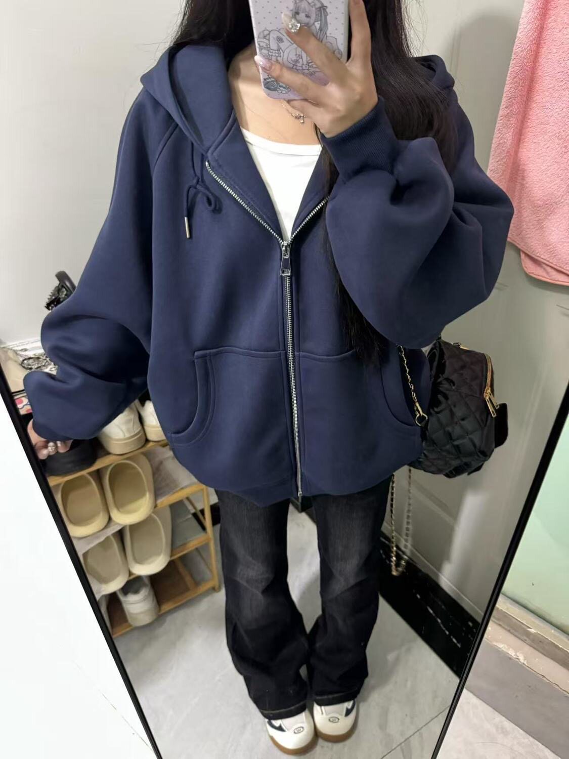美式百搭慵懒风开衫连帽衫卫衣男女春秋季宽松加绒开衫外套潮ins