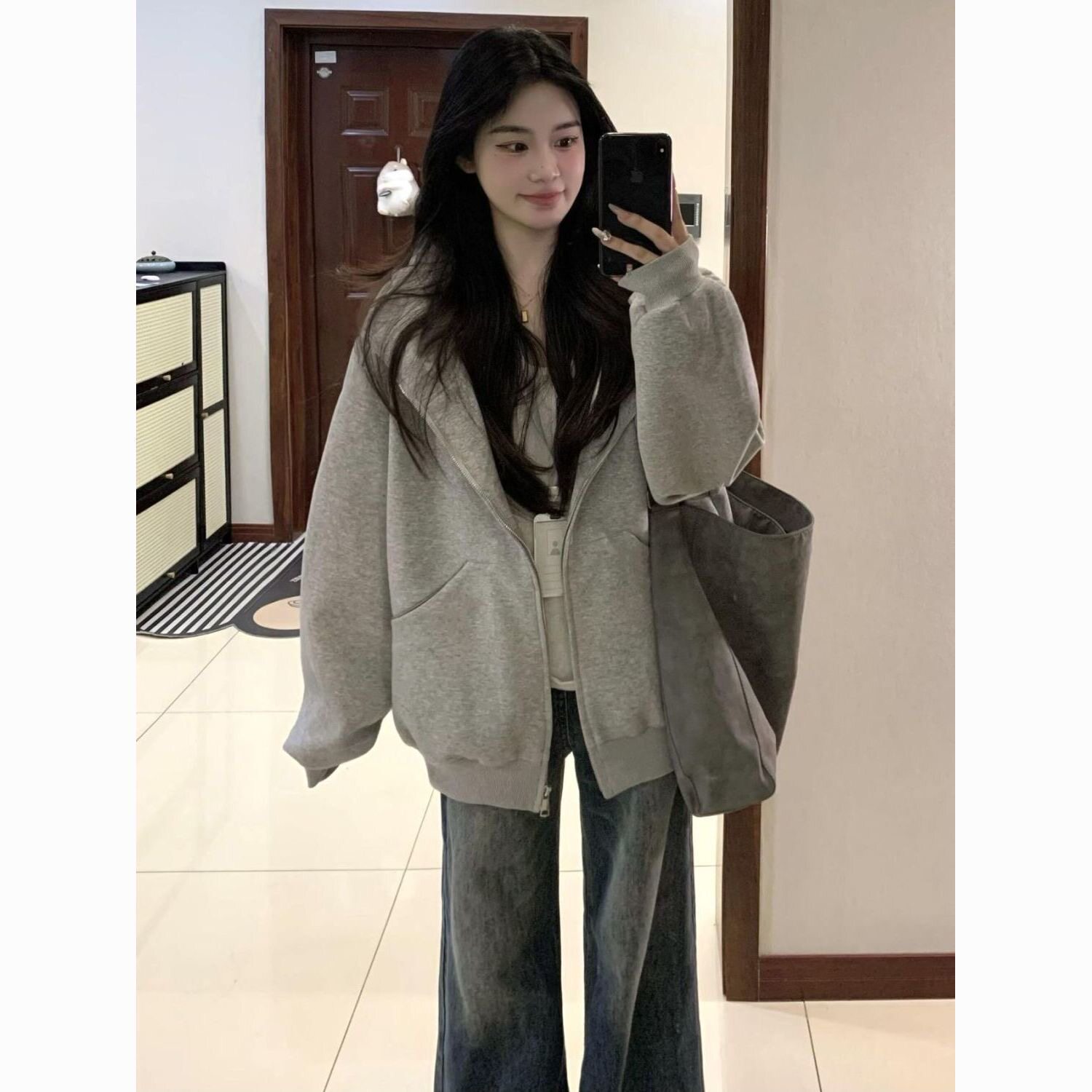美式百搭开衫连帽衫卫衣男女春秋宽松慵懒休闲加绒开衫外套潮ins