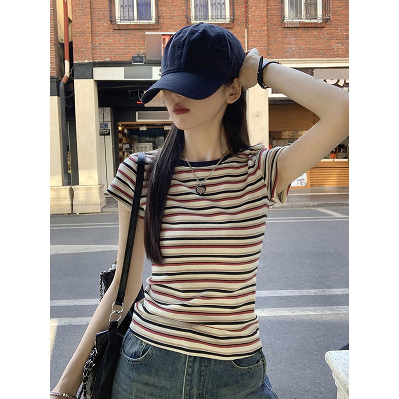 纯棉独特超好看单穿条纹正肩短袖T恤女夏季2026新款修身显瘦上衣