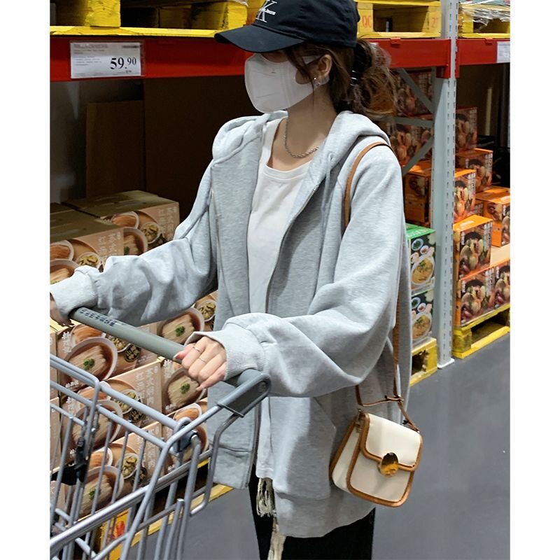 春秋季外套女潮流拉链开衫连帽卫衣灰色薄款运动休闲宽松慵懒风