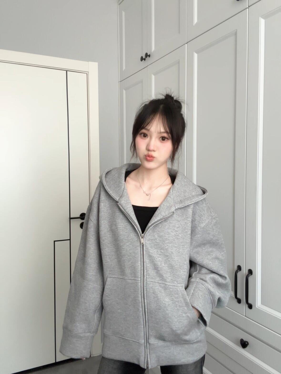 美式百搭开衫连帽衫卫衣男女春秋宽松慵懒休闲加绒拉链外套潮ins