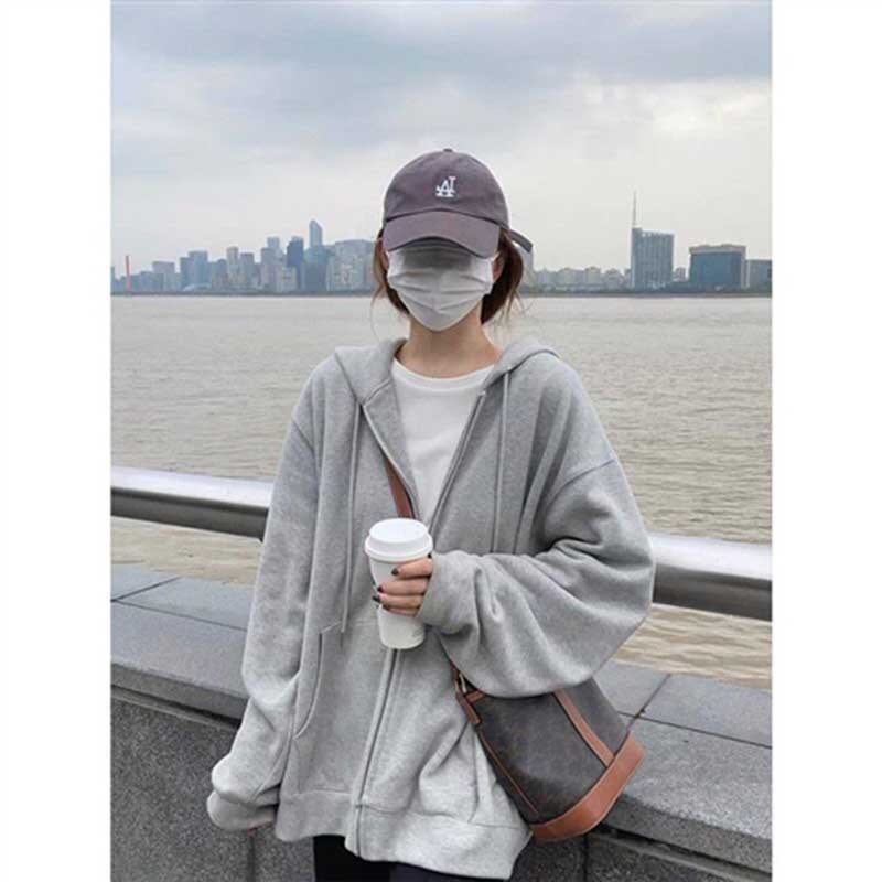 美式百搭开衫连帽衫卫衣男女春秋宽松慵懒休闲加绒拉链外套潮ins